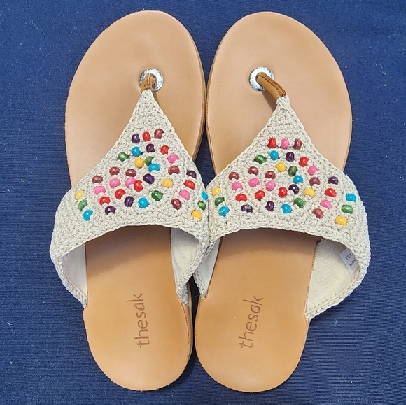 THE SAK Shana Rainbow Wood Beaded Hand Crochet Sandals & Bag Size 6 Boho Thong - Picture 2 of 16